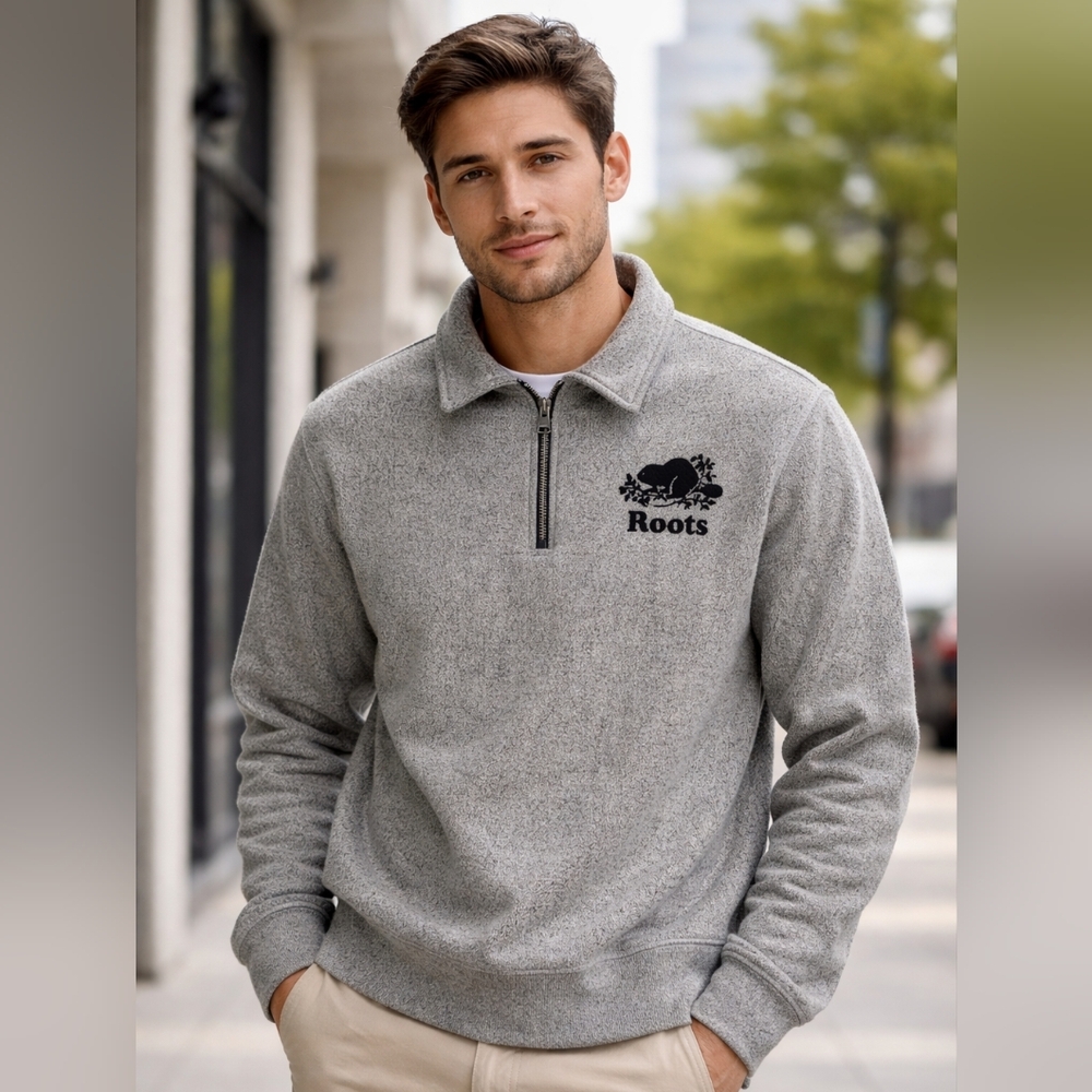 NWT Classic Men’s Roots Canada salt & pepper grey 1/4 zip pullover in size Large